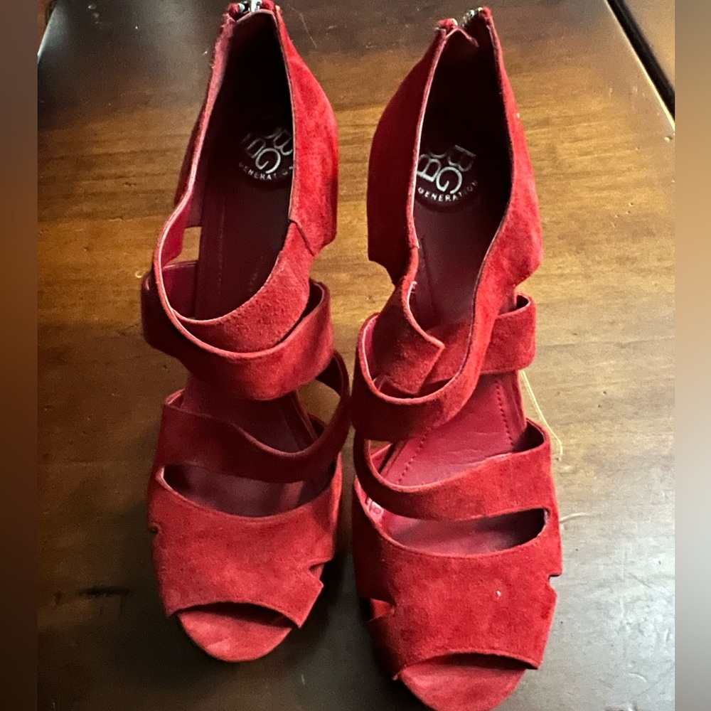 Red Suede open toe heals.